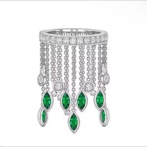 Silver Chandelier Ring with Emerald Green and Diamond Simulant Stones